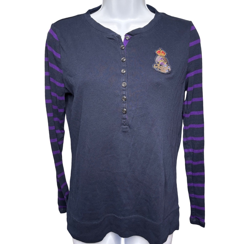 LAUREN RALPH LAUREN Womens Navy Striped Henley Long Sleeve Top w/Crest Sz M Chic
